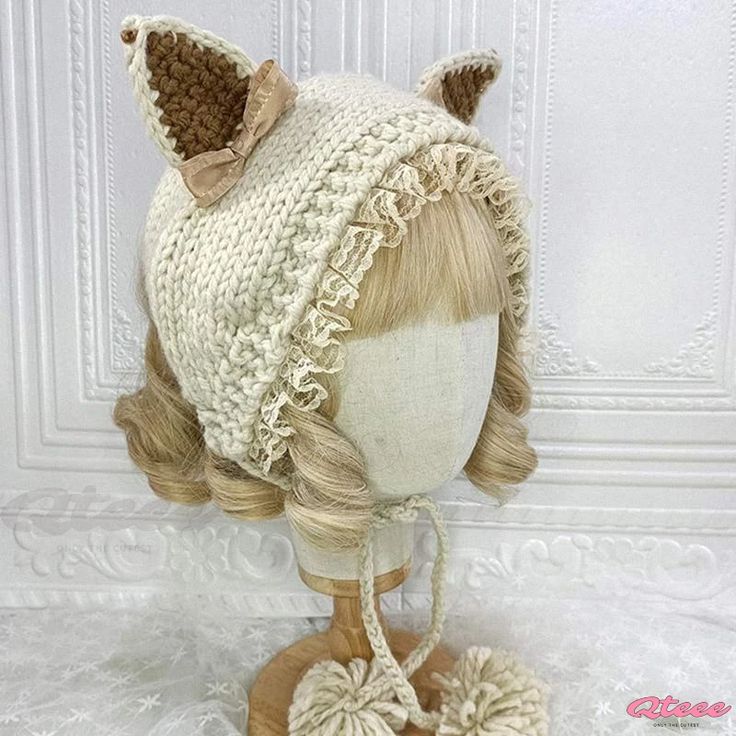 Qteee - Charming Feline-Inspired Lace Lolita Hat for Cozy Comfort Cute Cream Beanie Hat, Cute Knitted Cat Ears Hat, Cute Cream Soft Knit Hat, Cute Warm Cat Ears Hat, Cute Cat Ears Hat, Cute White Knitted Bonnet, Cute Soft Knit Cap, Cute Soft Knit Hat For Fall, Cute Soft Knit Hat, One Size Fits Most