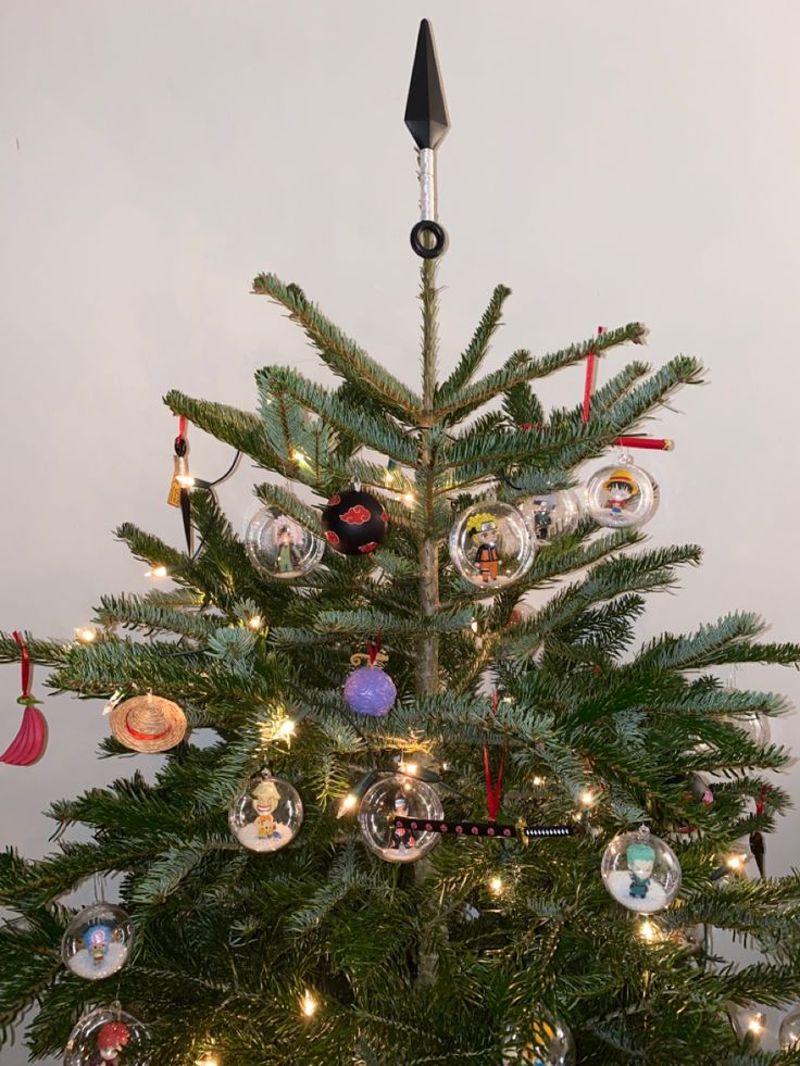 a small christmas tree with ornaments on it