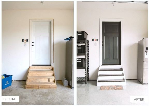 before and after photos of a house's interior with white walls, flooring and stairs