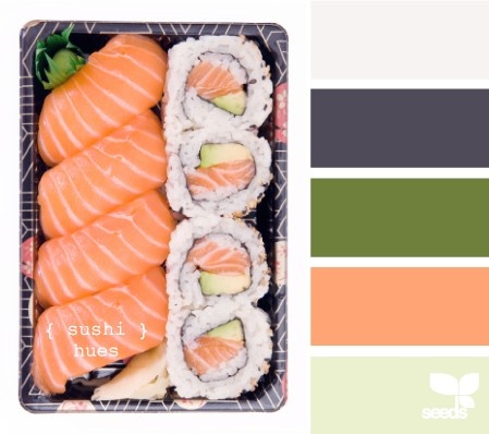 an image of sushi in a box with color swatches