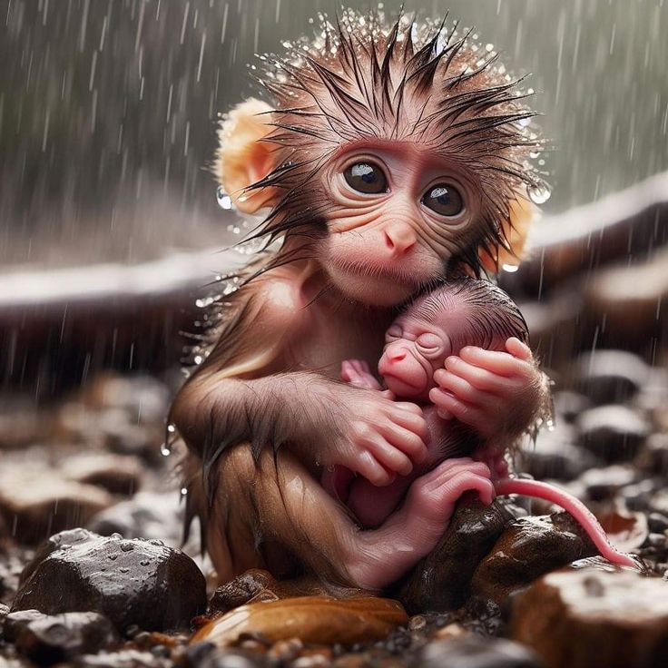 a baby monkey holding its mother in the rain