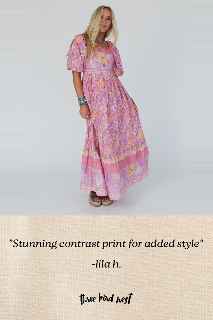 Whether you're dressing up for a special event or just want to add some boho flair to your everyday look, the Shannon Border Print Maxi Dress is sure to make a statement! Lightweight, woven fabric with so pretty floral print Maxi length with a flowy silhouette Flattering square neckline with 3/4 length puff sleeves Convenient side pockets Gathered tiers with stunning contrast print for added style and movement Pair with: Sophie Crochet Lace Bralette. Sparrows Song Necklace and Seeing Stars Brace Spring Bohemian V-neck Dress, Non-stretch Bohemian V-neck Maxi Dress, Pink V-neck Bohemian Dress, Fall Bohemian Boho Dress For Vacation, Bohemian Fall Vacation Dresses, Fall Bohemian Vacation Dresses, Fall Vacation Bohemian Dresses, Spring Boho Print Flowy Dress, Flowy Boho Print Dress For Spring