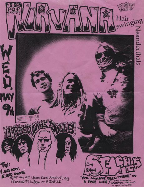 an old concert poster with the band nirvana on it's back cover, in black and pink