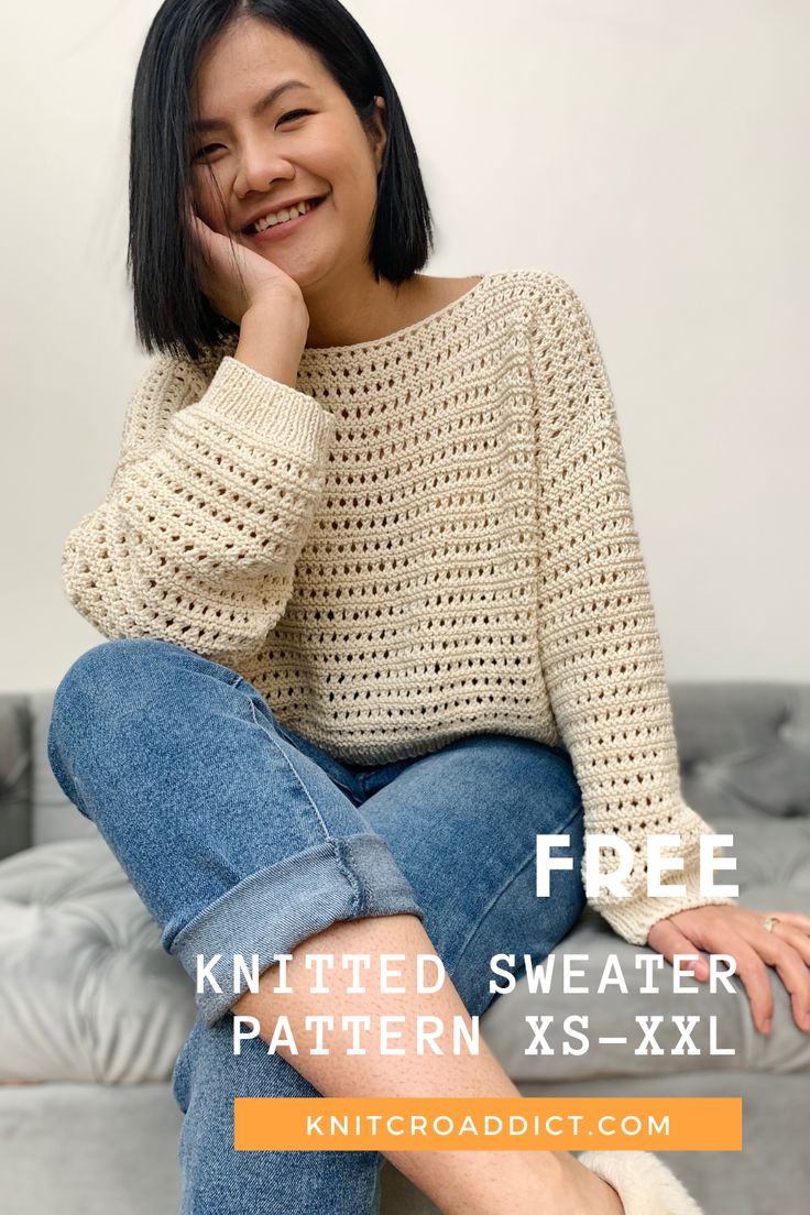 This knitting pattern includes women's sizes XS-XXL, it's so comfy and fashionable. Knitting Patterns Sweaters Women, Knit Summer Sweater Pattern Free, Free Easy Knitting Patterns For Women, Knitting Tops For Women Free Pattern, Sweater Knitting Patterns Ladies, Knit Easy Sweater, Knitted Sweaters Diy, Crochet Sweater For Women, Cotton Sweater Knitting Pattern