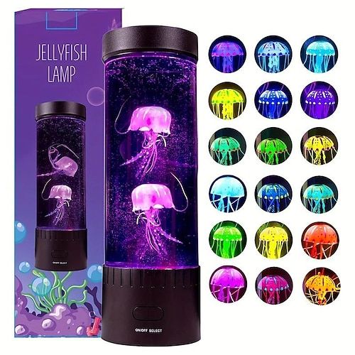 the jellyfish lamp is next to its box and it's glow in the dark