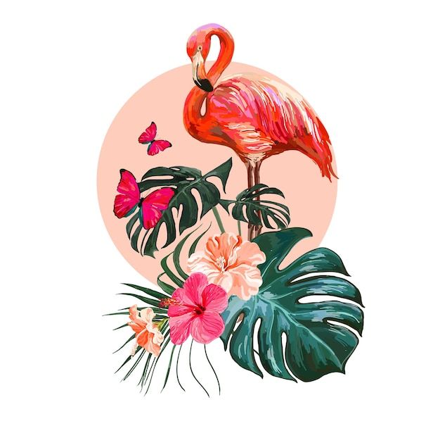 pink flamingo and tropical leaves with butterflies on the background, watercolor painting style