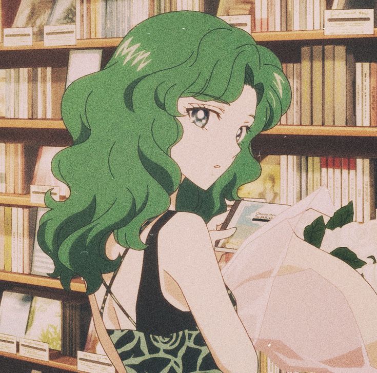 a girl with green hair holding an umbrella in front of bookshelves and shelves