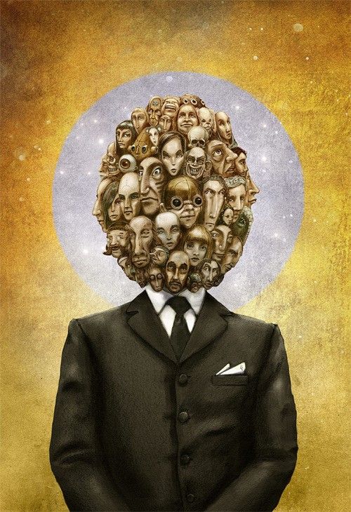 a man in a suit with many heads on his head and the moon behind him