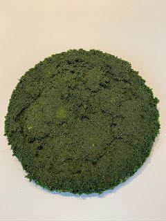 a round piece of green moss sitting on top of a white table