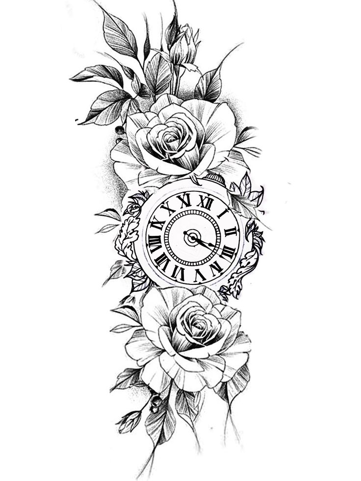 a clock with roses and leaves on it is shown in this tattoo art design by person