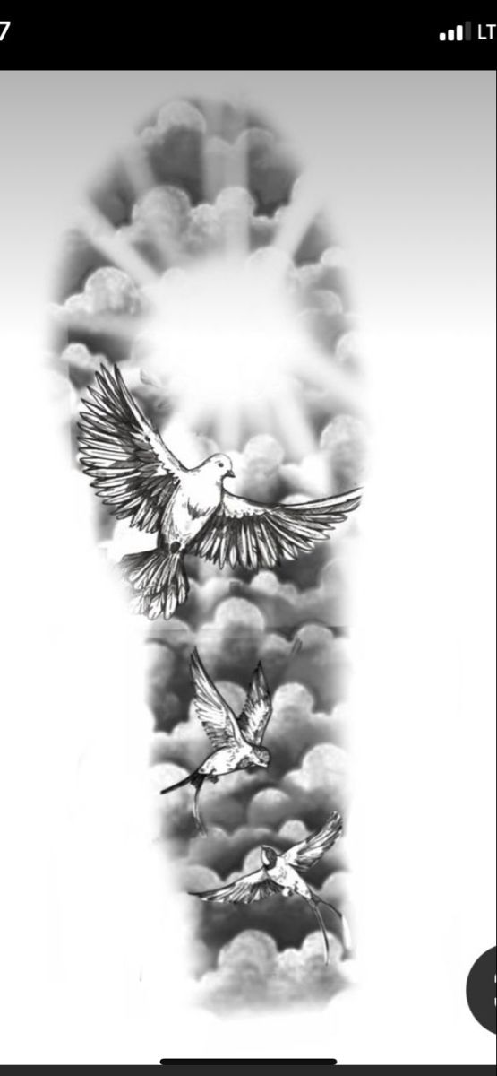 a black and white photo of birds flying in the sky with clouds behind them on a cell phone screen