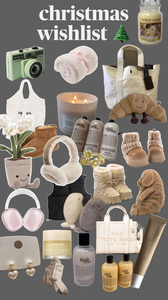 a collage of christmas wishlist items including gifts, candles, and other things