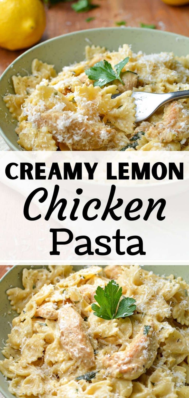 creamy lemon chicken pasta in a bowl with parsley garnish on the side