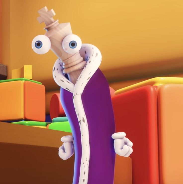 a cartoon character is standing in front of some furniture and looking at something with big eyes