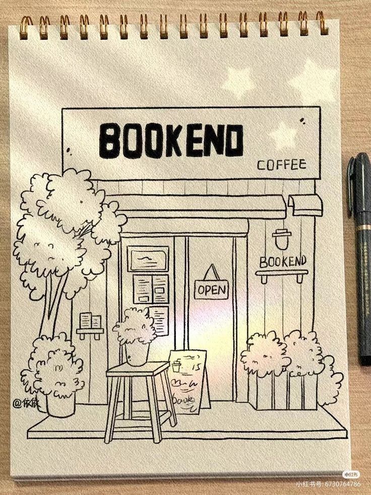 a drawing of a bookend coffee shop