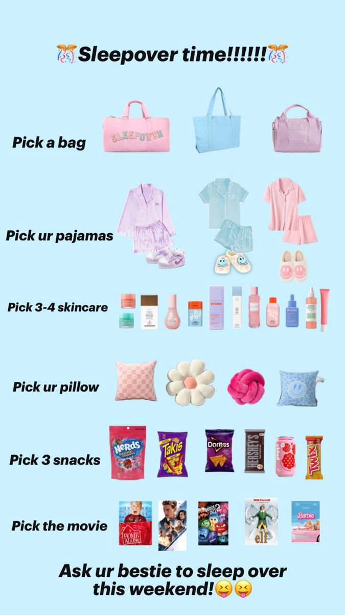 a poster with the words sleepover time written on it and various things to pack in them