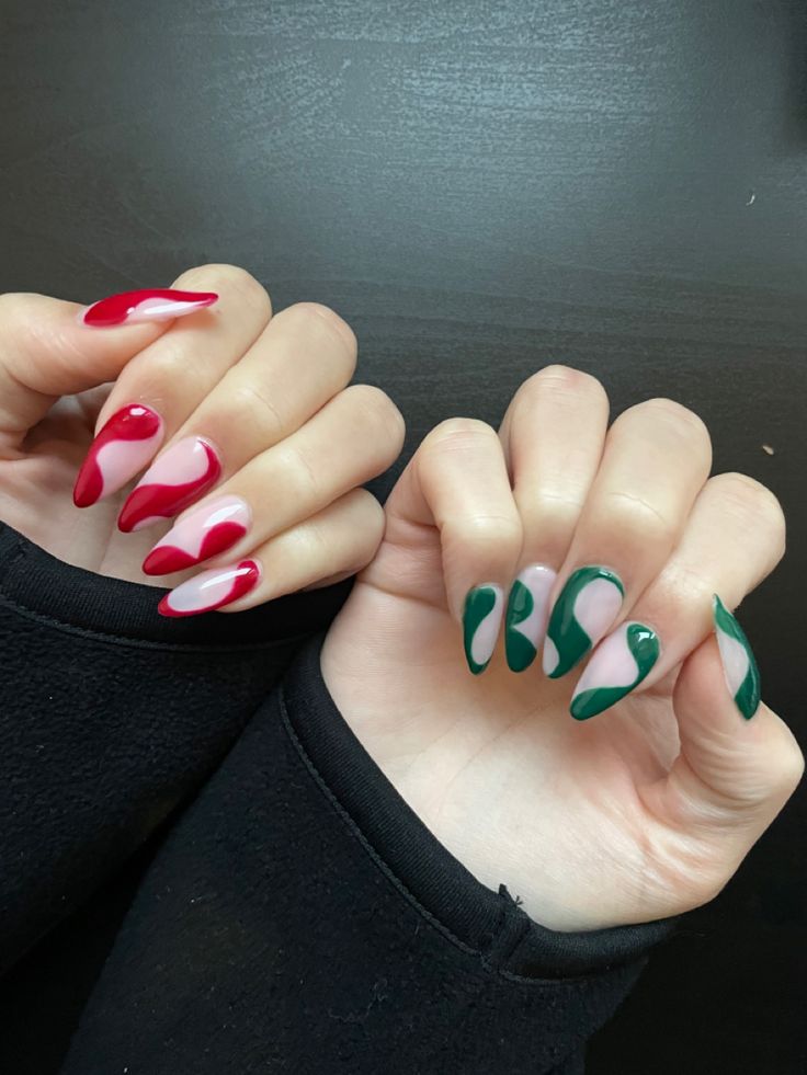 Nails nail art Christmas nails green red lines abstract classy stiletto simple nude base Christmas vibes winter colors Green And Red Acrylic Nails, Green And Red Nails Ideas, Christmas Nails 2023 Red And Green, Red And Green Nails Simple, Simple Line Nail Designs, Abstract Christmas Nails, Red And Green Nails Christmas, Red And Green Christmas Nail Designs, Green Red Nails