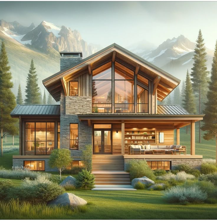 a painting of a house in the mountains