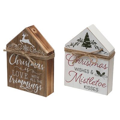 christmas wishes and mistletoe kisses wooden house ornament, set of 2