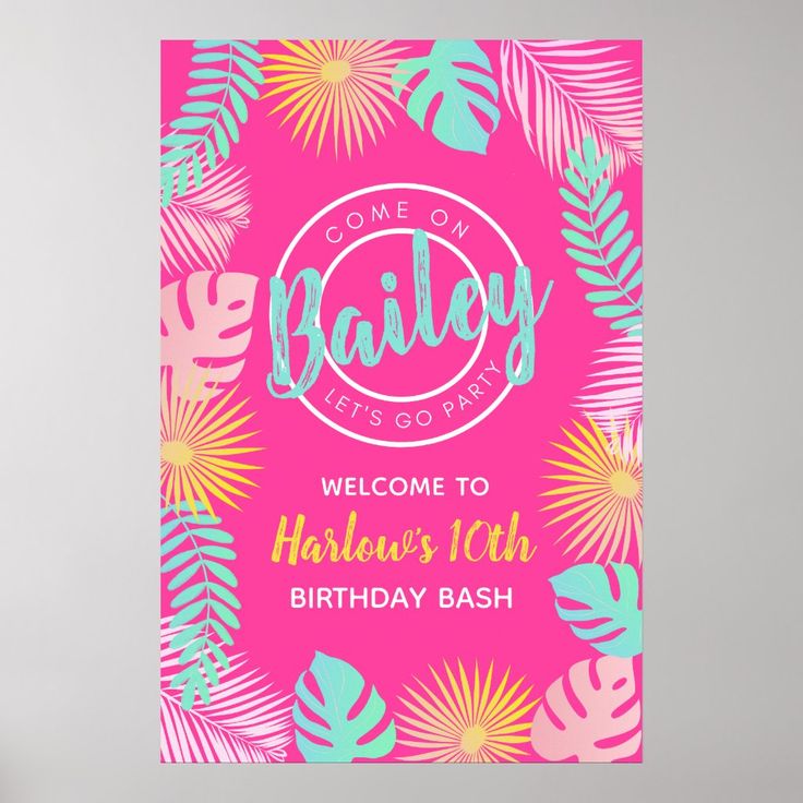 a pink and green birthday party card with palm leaves on the front, in bright colors