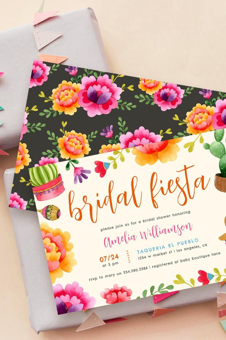 a colorful floral bridal fiesta party with cactus and succulents on it