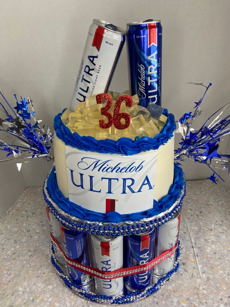 Deserts & Beer Beer Can Cake Tower, Beer Cakes For Men Birthday, Ultra Beer Cake, Michelob Ultra Beer Cake, Beer Birthday Cake For Men, Beer Shaped Cake, Beer Cake Ideas, Beer Cakes For Men, Beer Cake Tower