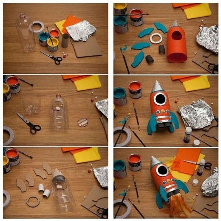 the process of making a rocket ship out of construction paper and plastic bottles is shown