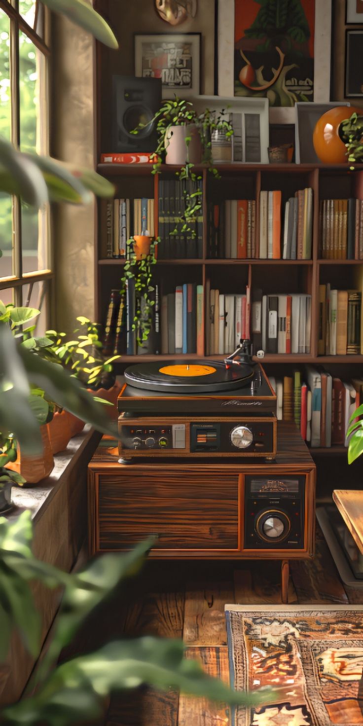 a record player sitting on top of a wooden table in front of a bookshelf