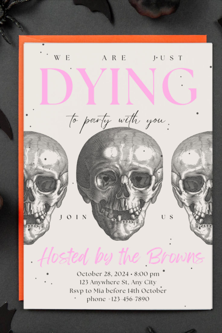 a card with three skulls on it and the words dying written in pink, black and white