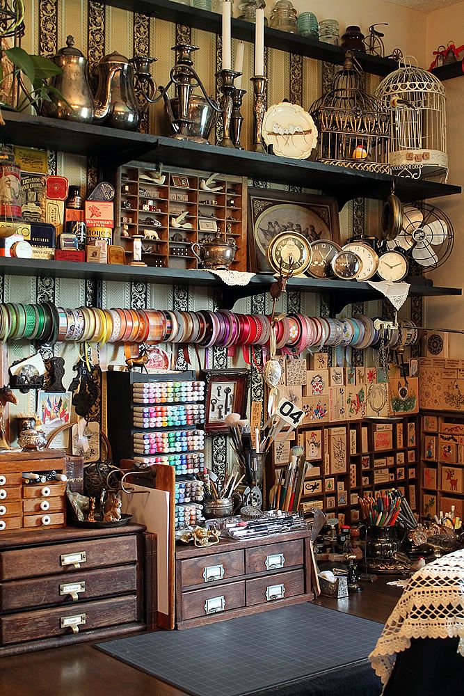 a room filled with lots of different types of items on top of shelving units