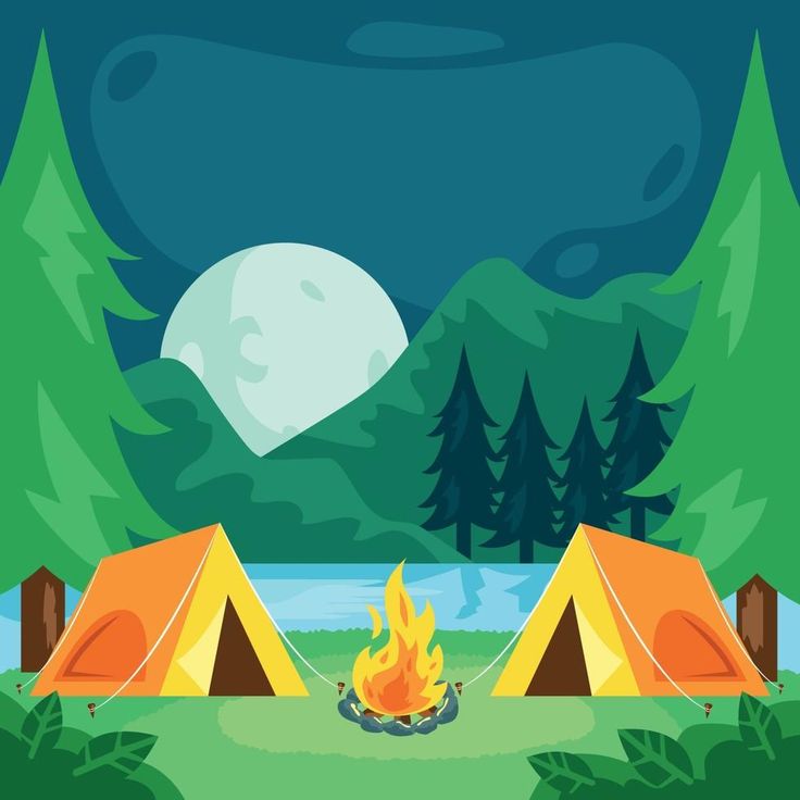 a camp site with two tents and a fire