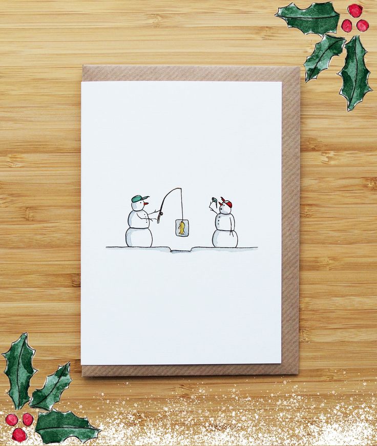 a christmas card with two snowmen holding a fishing rod