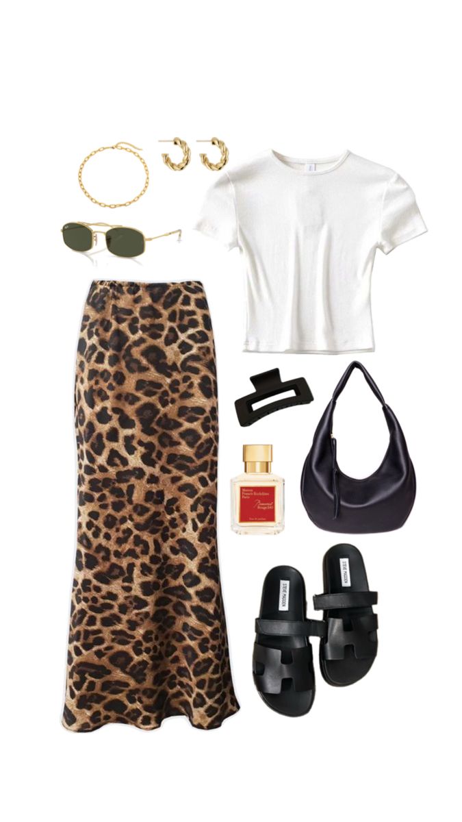 Summer leopard skirt outfit idea, maxi satin skirt, black sandals, shoulder bag, golden jewells, accessories, fashion inspiration, fit inspo Satin Skirt Black, Maxi Satin Skirt, Black Maxi Skirt Outfit, Leopard Skirt Outfit, Skirt Outfit Summer, Leopard Outfits, Maxi Skirt Outfits, Leopard Skirt, Skirt Outfit