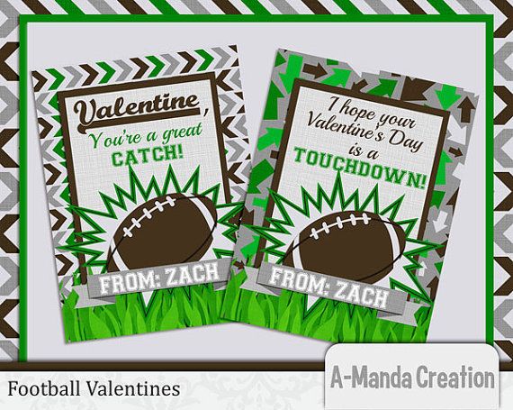 two football valentine's day cards with green and brown designs