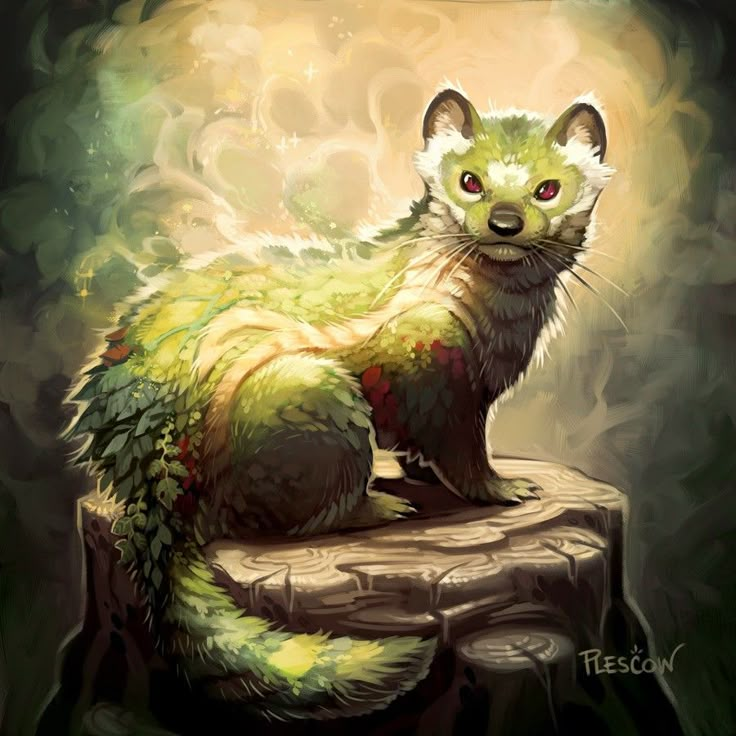 a painting of a furry animal sitting on top of a piece of wood in the forest