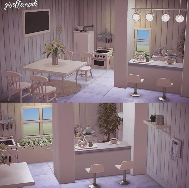 three different views of a kitchen and dining room in the same house, each with their own table and chairs