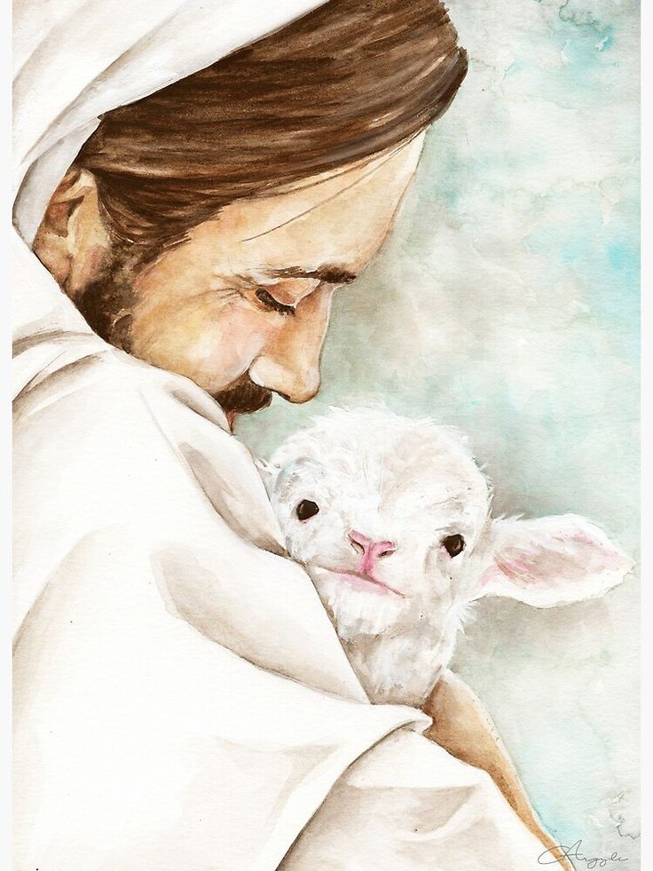 a painting of jesus holding a baby lamb