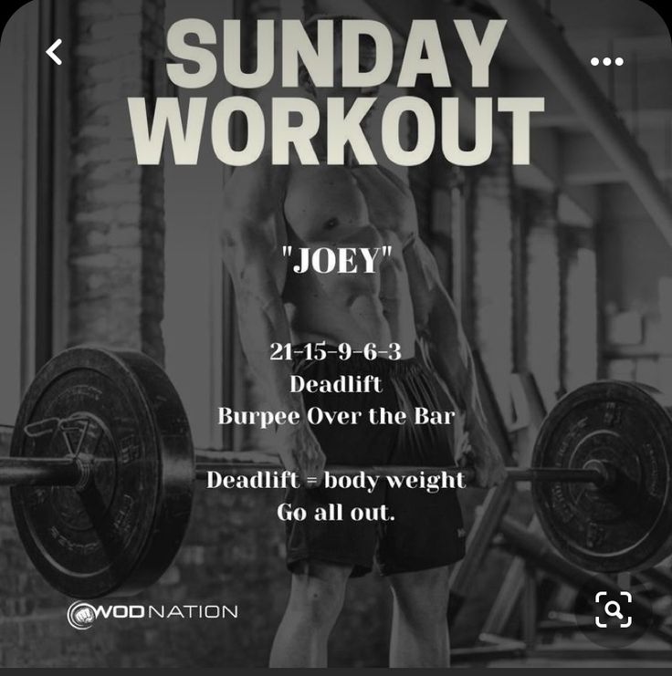 a man standing in front of a barbell with the words sunday workout on it