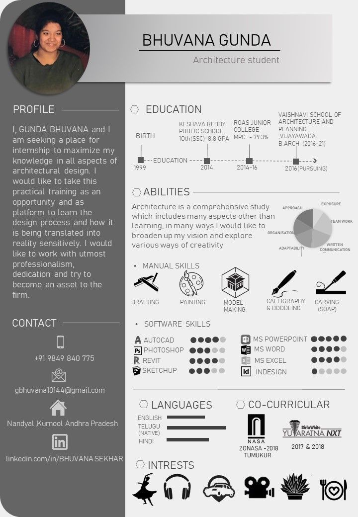 Architectural student resume Cv Design Student, Professional Architect Resume, Cv Ideas For Students, Resume For Architects, Architecture Resume Design, Cv For Architecture Student, Graphic Design Student Resume, Architectural Resume Design, Interior Design Cv Resume