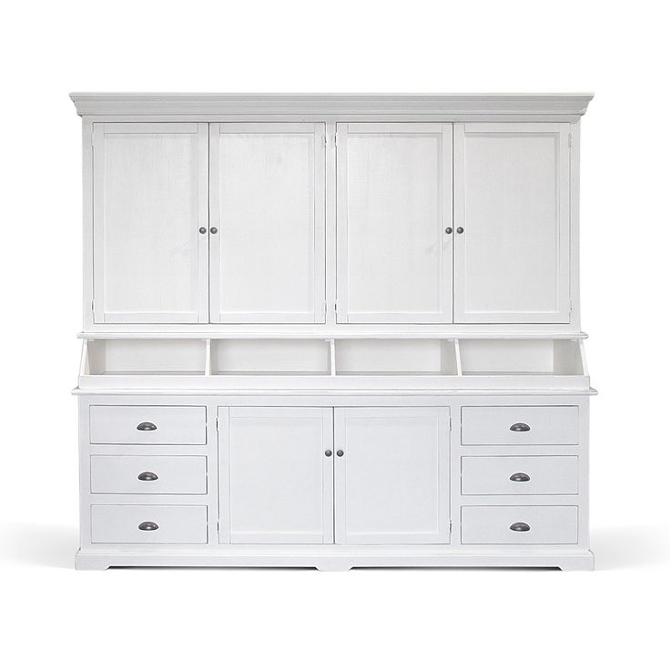 a white cabinet with drawers and doors on the bottom shelf is shown against a white background