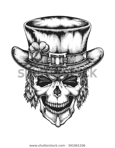 a skull wearing a top hat with feathers on it's head, in black and white