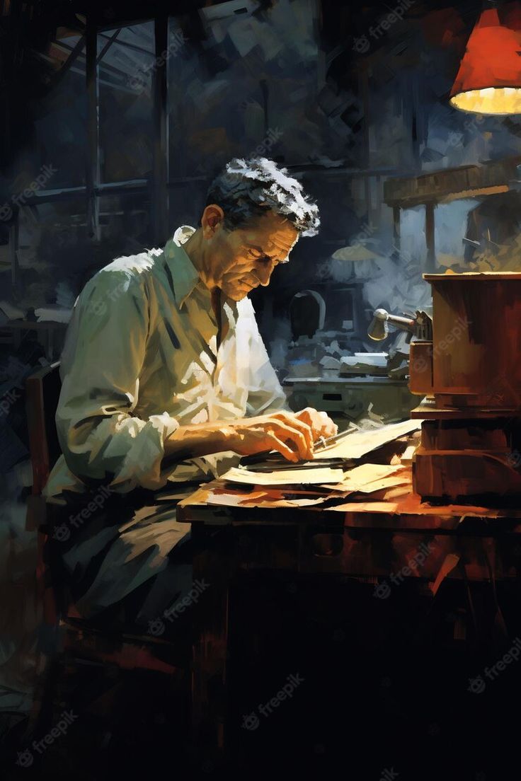 a painting of a man working on a piece of paper at a desk with a lamp in the background