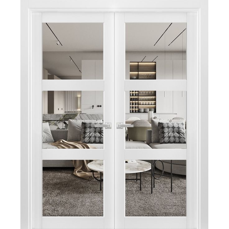 an open sliding glass door showing the living room and dining area in one section with white furniture