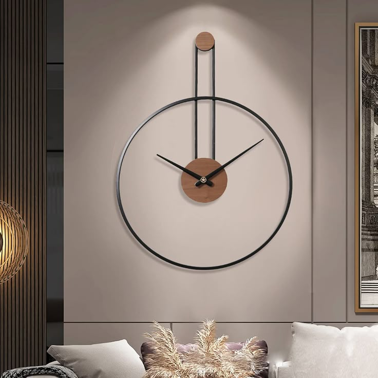 a living room with a large clock on the wall