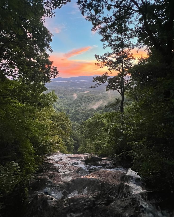 a river flowing through a lush green forest under a colorful sky in the distance,