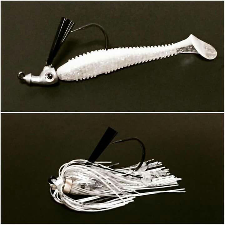 two different views of a fishing lure with white shavings and black tips on it