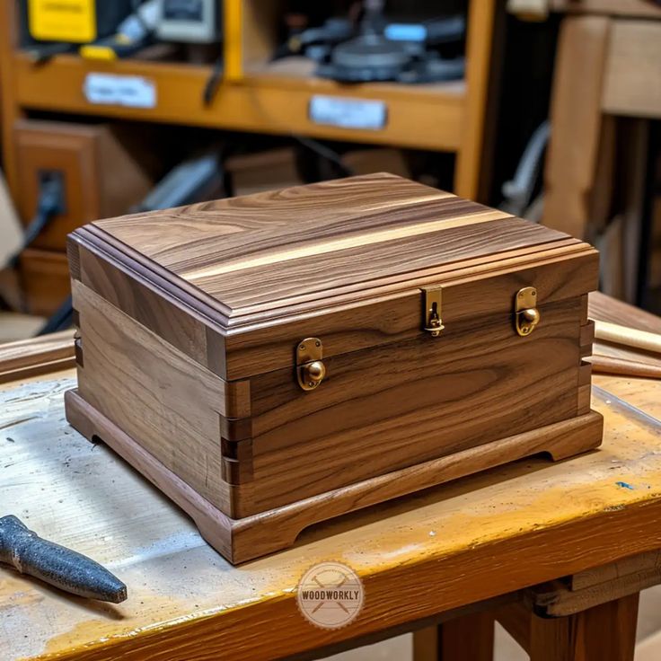 a wooden box sitting on top of a table next to a pair of scissors and pliers