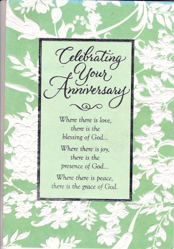 a green and white card with flowers on it that reads celebrating your anniversary where there is love, there is god