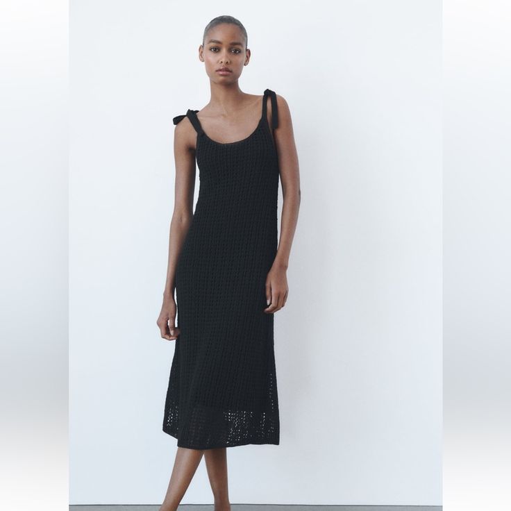 Size: S Color: Black - Midi Dress With Openwork Knit With Lining - Knotted Straps (Adjustable) Sold Out Online Casual Knit Midi Dress By Zara, Zara Black Casual Midi Dress, Zara Casual Knit Midi Dress, Casual Black Crochet Dress For Beach, Black Knit Summer Dress, Black Knit Sweater Dress For Spring, Casual Black Crochet Beach Dress, Black Casual Crochet Beach Dress, Black Knit Midi Dress For Summer