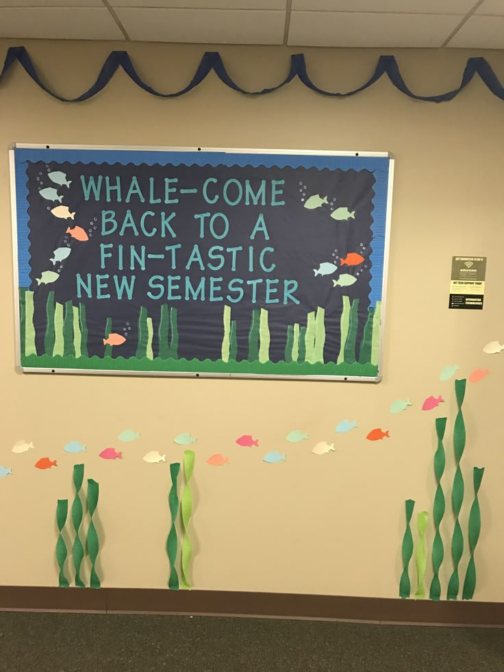 a bulletin board in an office with sea life on the wall and under streamers